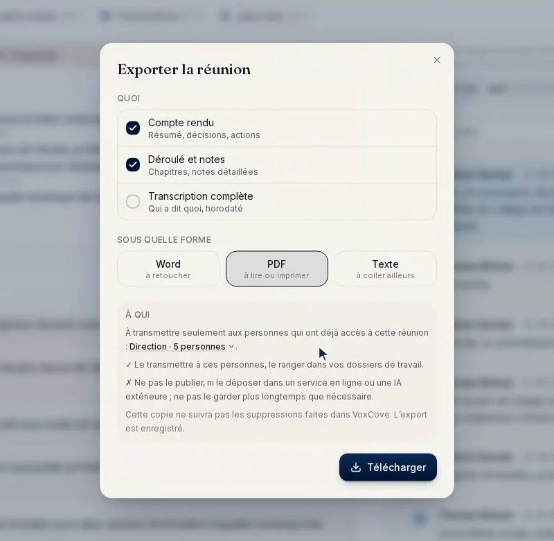 La fenêtre d'export d'une réunion : choix du contenu (compte rendu, déroulé et notes, transcription complète) et du format (Word, PDF, texte).