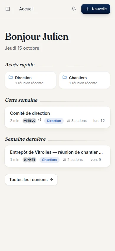 L'application Android : l'accueil de Julien, ses dossiers et ses réunions récentes.