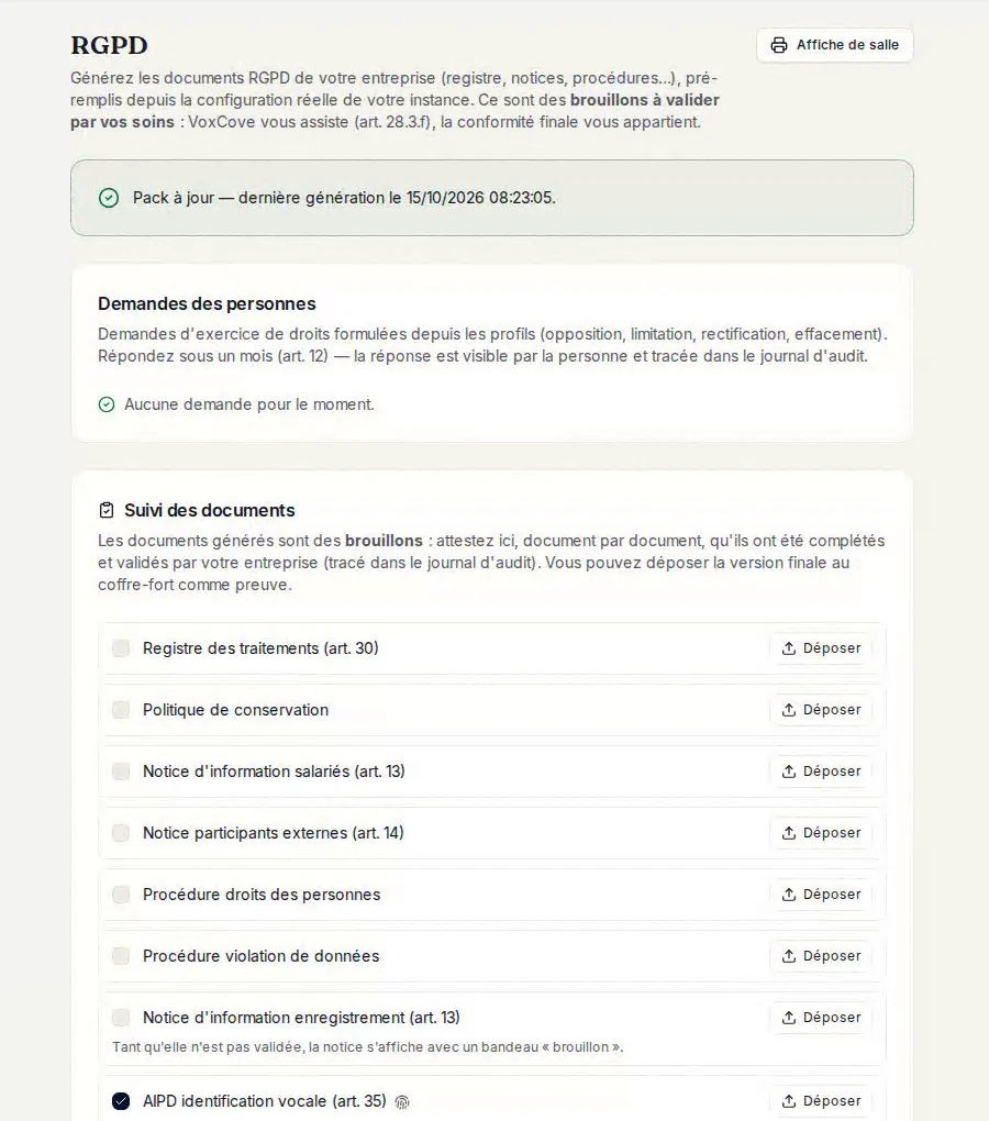 La page RGPD de l'administration : pack documentaire à jour, demandes des personnes, et suivi de chaque document à valider.